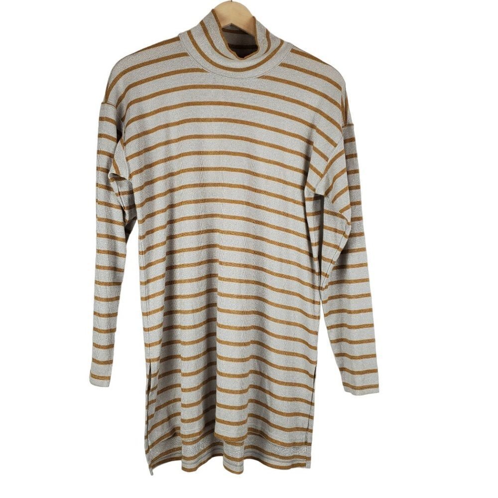 Vanessa Virginia Turtleneck‎ Tunic Womens Medium Striped Cream Yellow Metallic